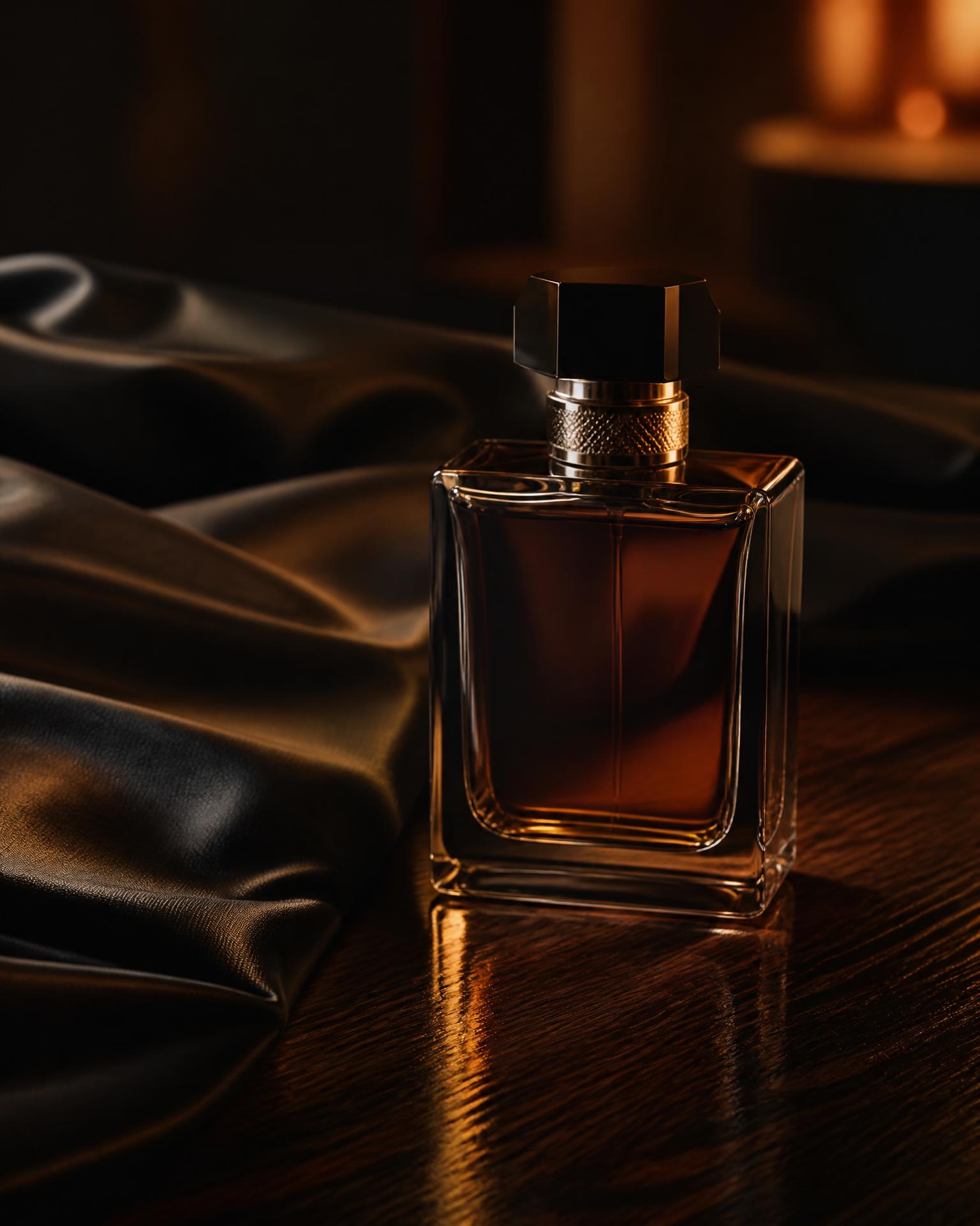 Burgundy crystal fragrance bottles in intimate evening light