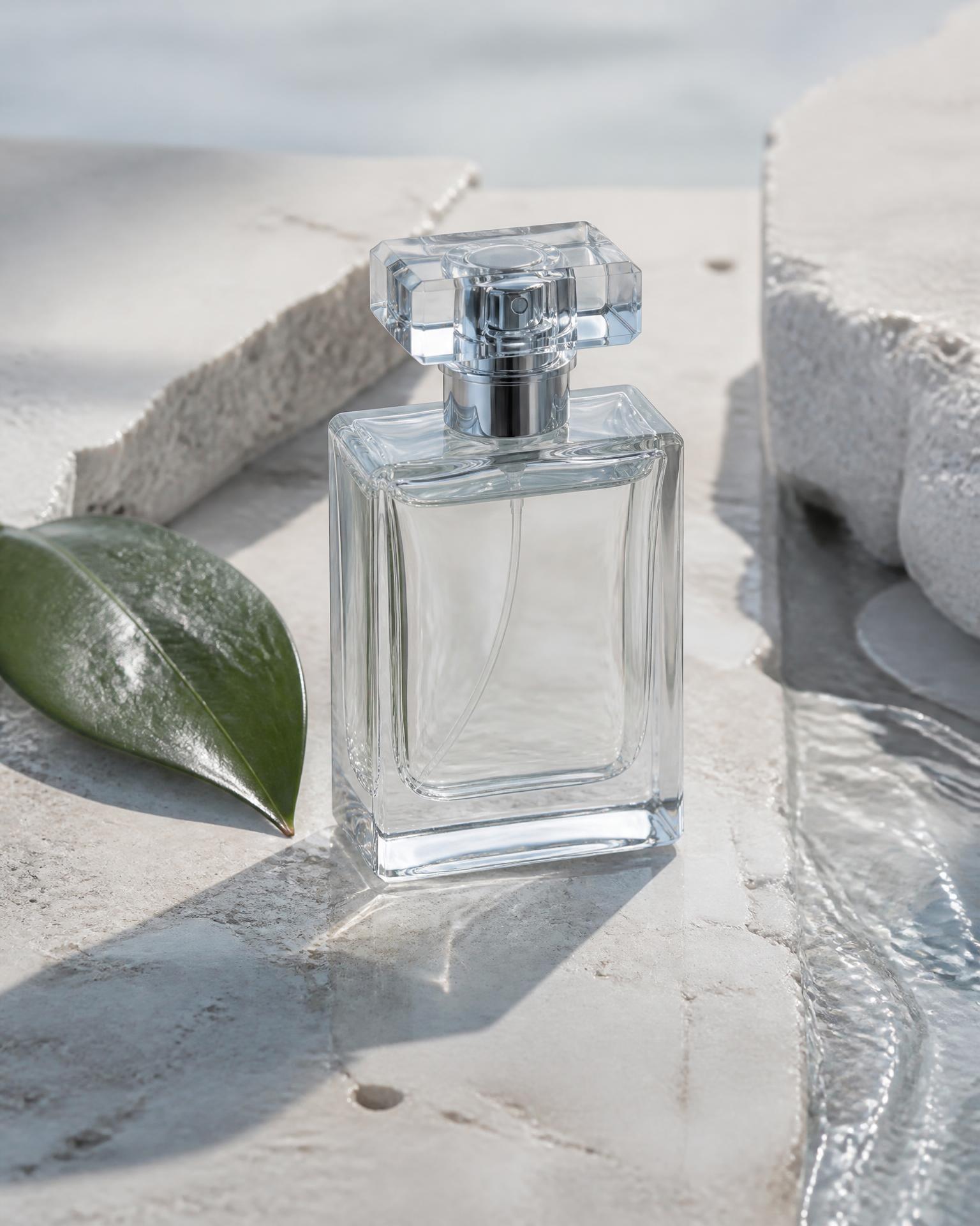 Pale aqua fragrance bottle with citrus and aquatic reflections