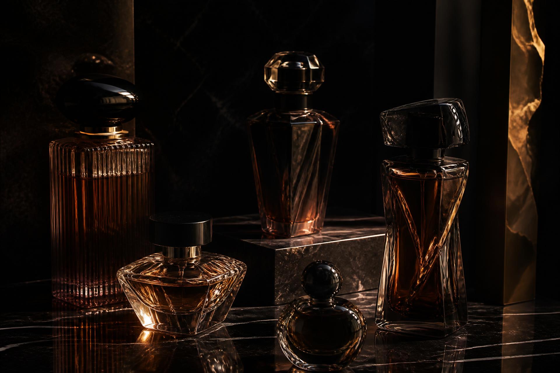 Sculptural crystal fragrance bottles illuminated against polished black stone