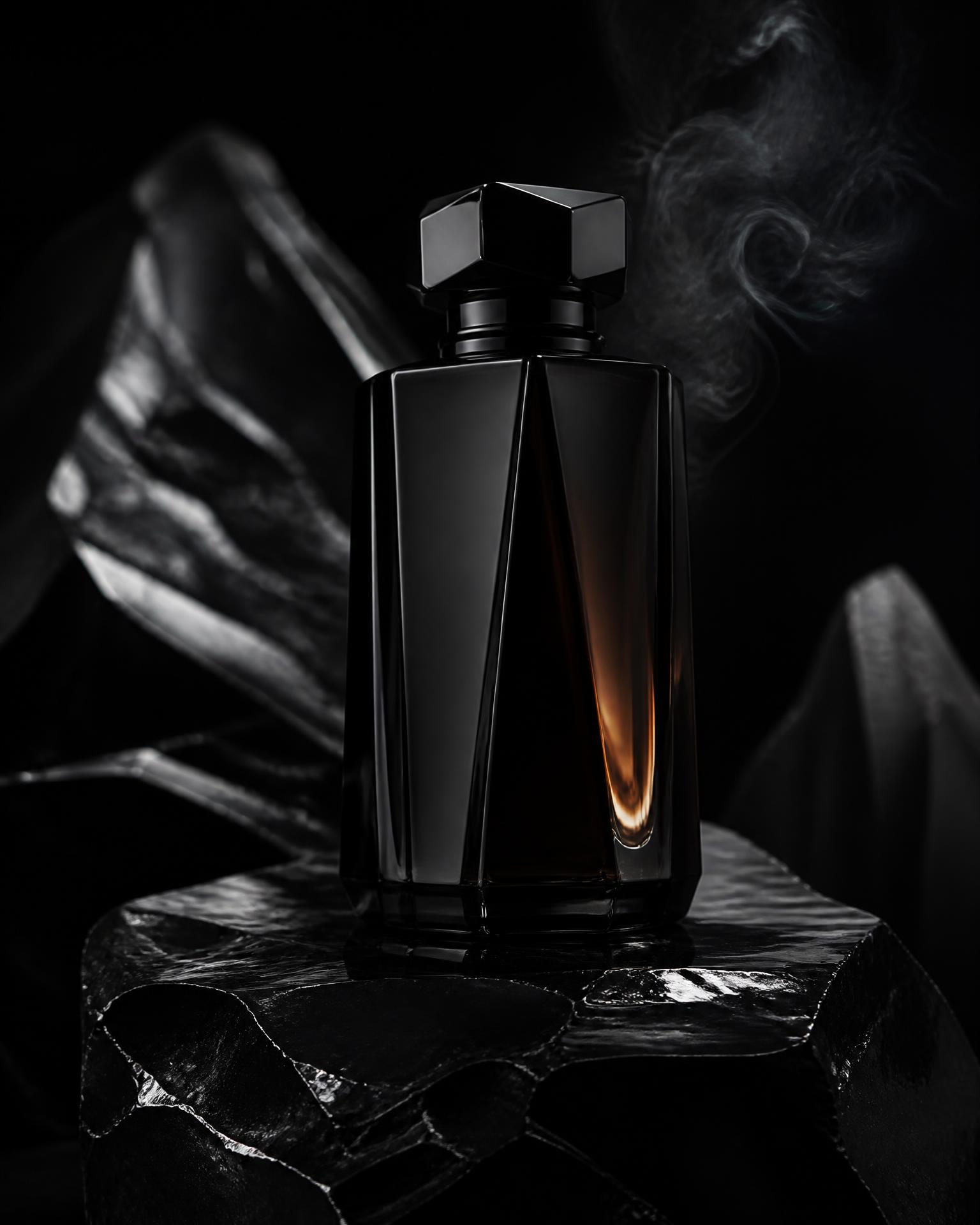 Obsidian fragrance bottle among dark woods and spices