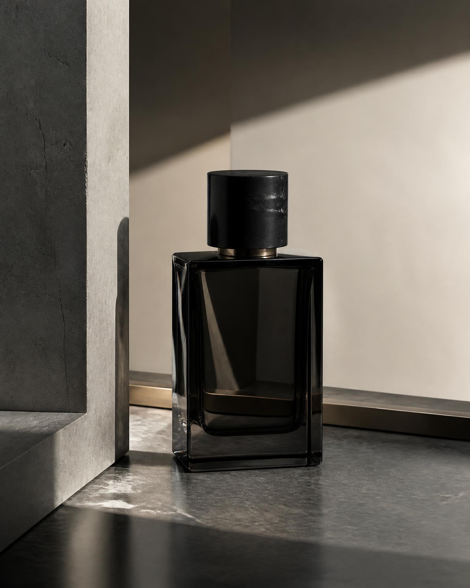 Smoked glass fragrance bottle on a refined graphite desk