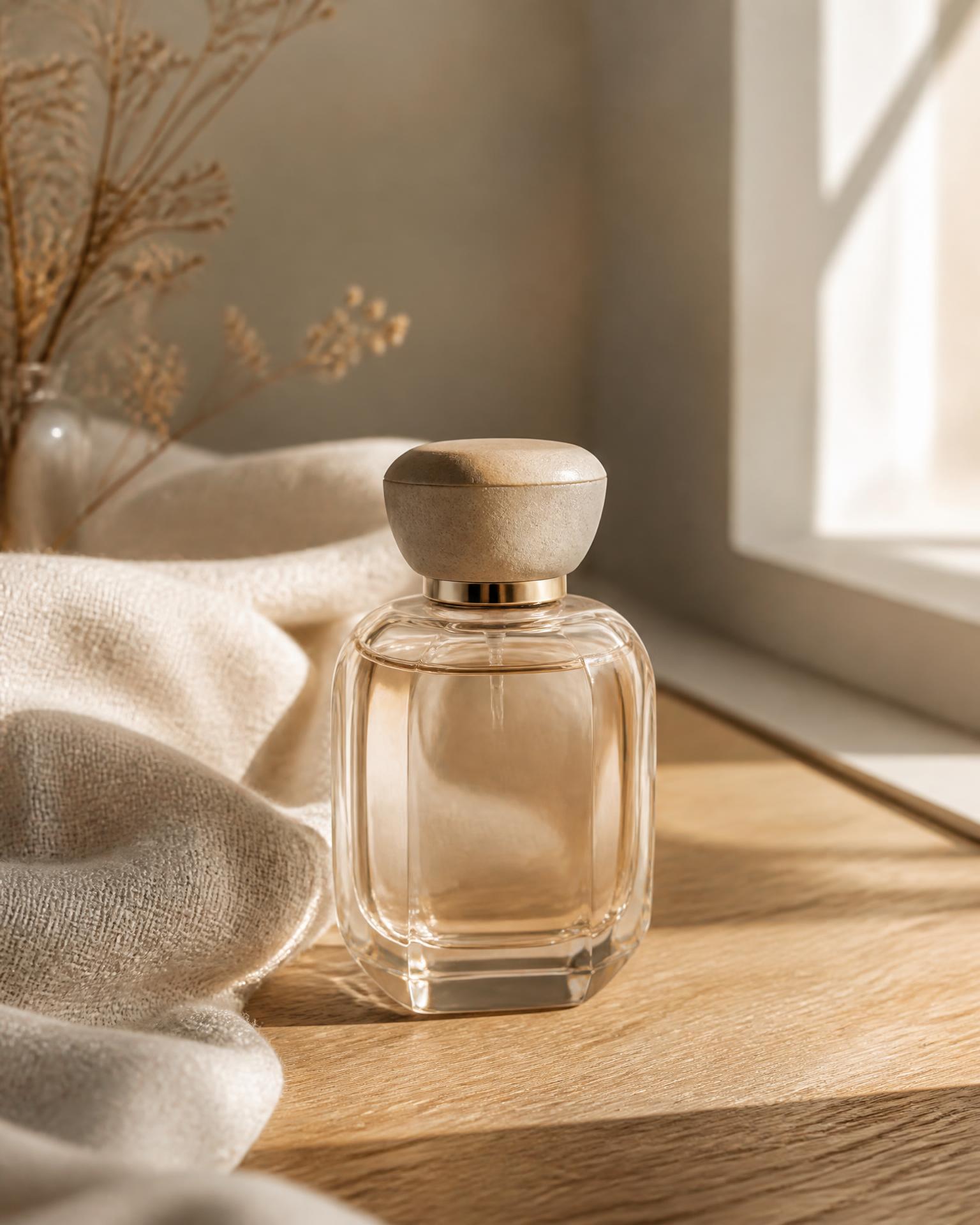 Clear fragrance bottle in soft natural morning light